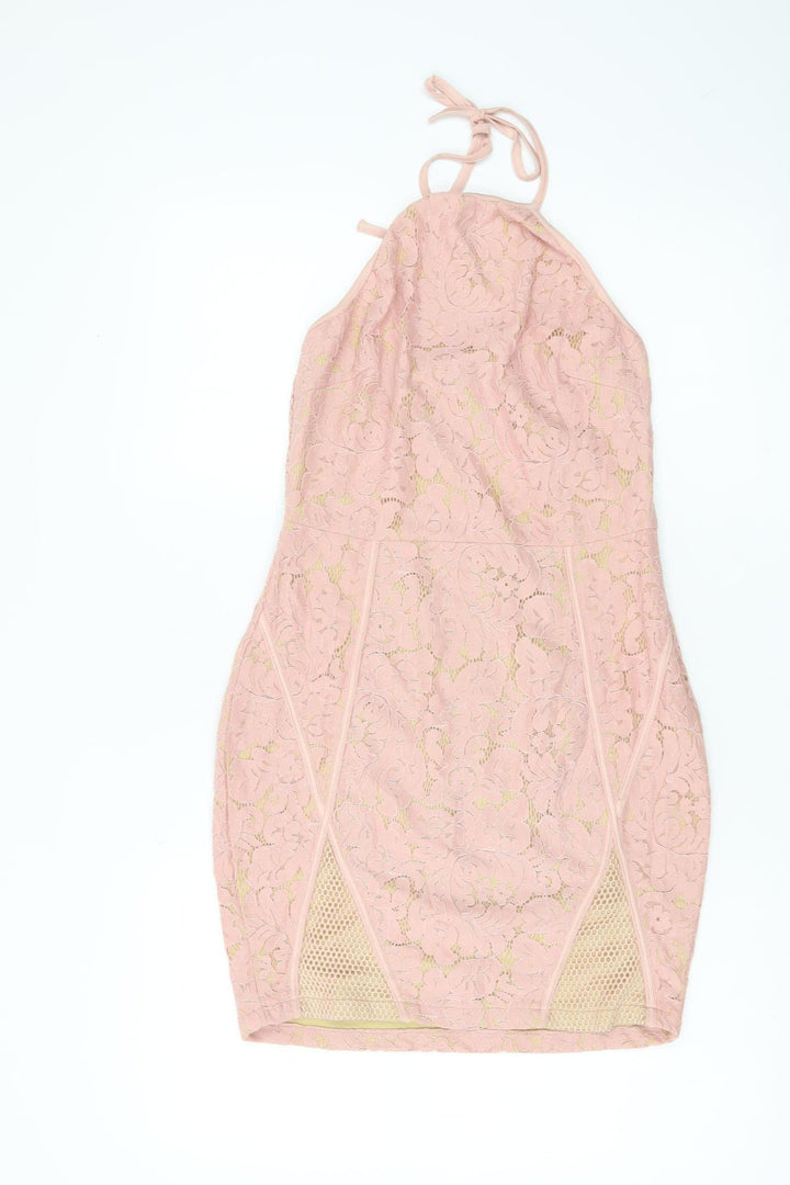 PrettyLittleThing Women Pink Lace Halter Bodycon Dress Size 10