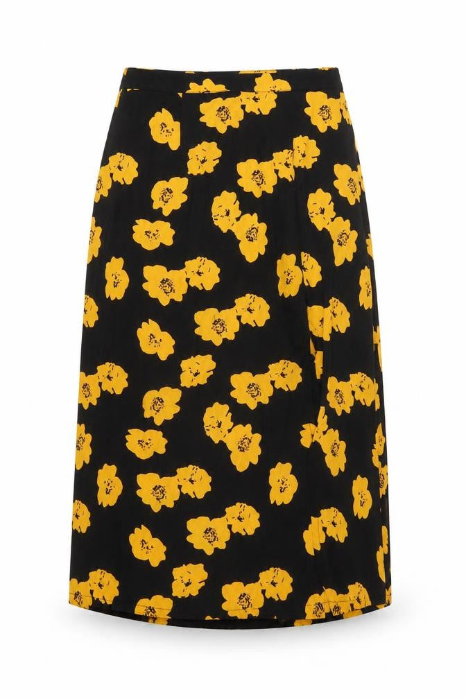 Wednesday's Girl Women's Black Yellow Floral Midi A-Line Skirt Size S