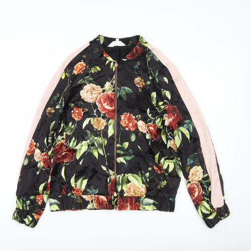 Nine by Savannah Miller Womens Floral Bomber Jacket Size 10 Black Multicoloured