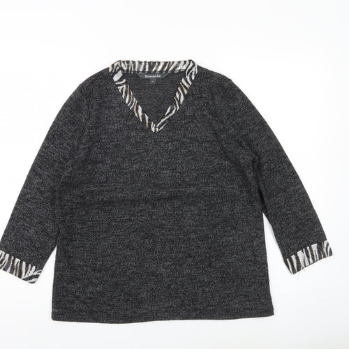 Bonmarché Womens Grey V-Neck Animal Trim Pullover Jumper Size 10
