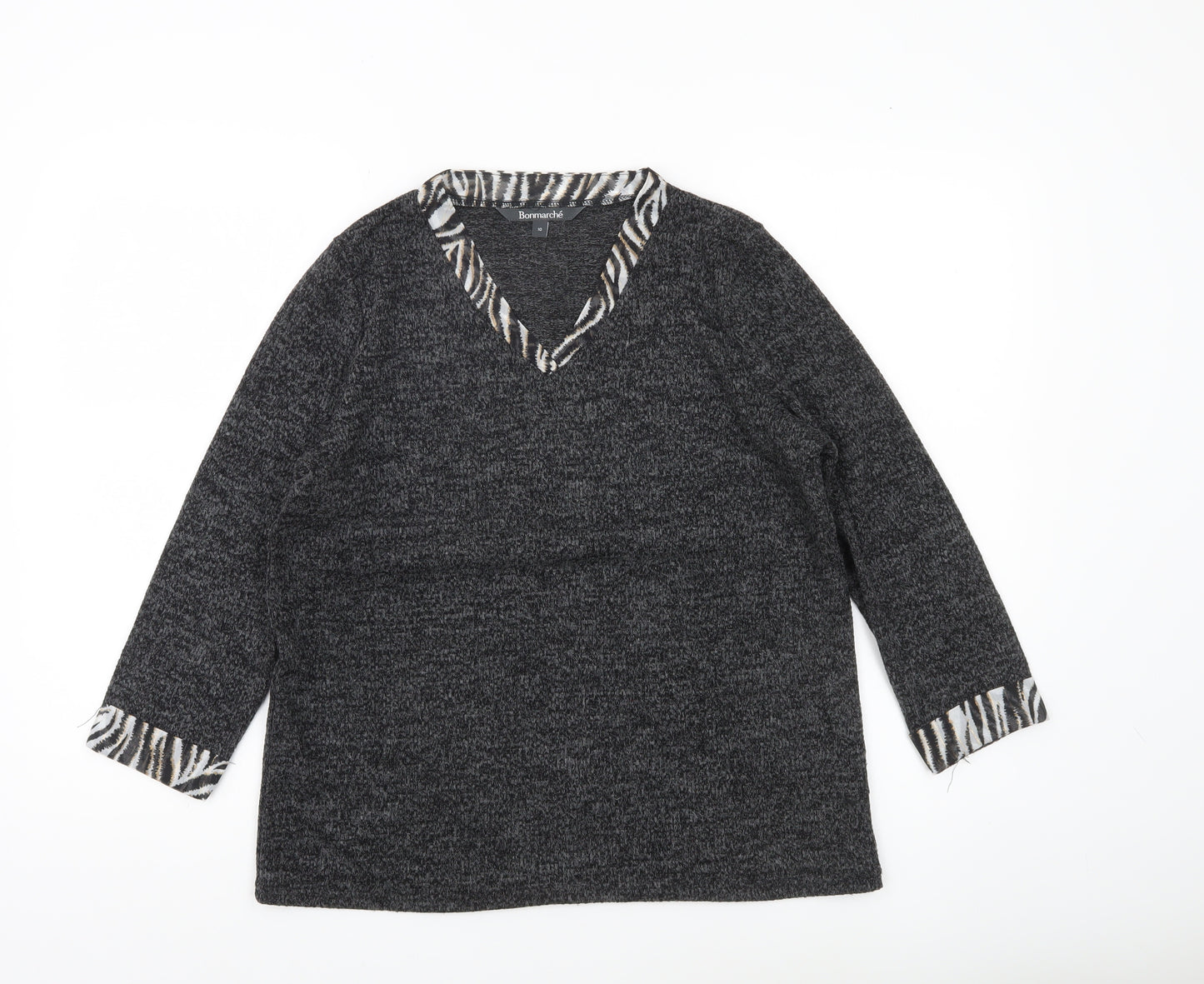 Bonmarché Womens Grey V-Neck Animal Trim Pullover Jumper Size 10