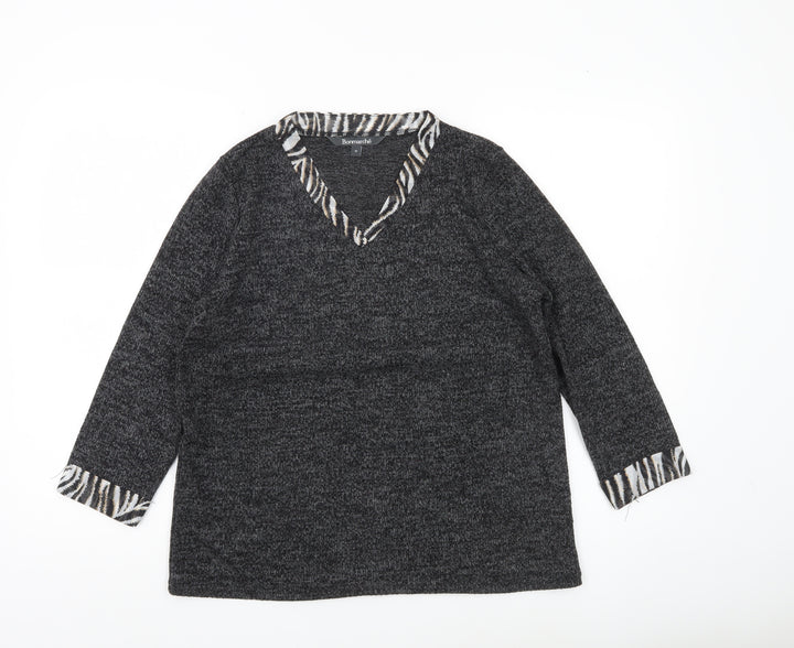 Bonmarché Womens Grey V-Neck Animal Trim Pullover Jumper Size 10