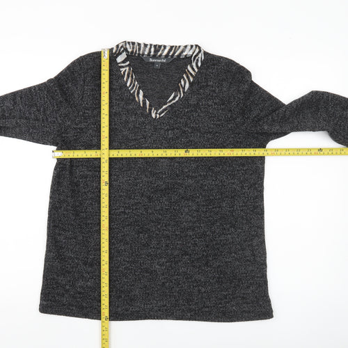Bonmarché Womens Grey V-Neck Animal Trim Pullover Jumper Size 10