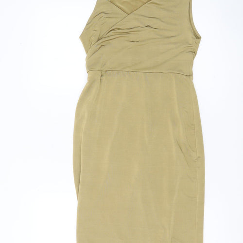 Topshop Petite Women’s Beige Bodycon Midi Dress Size 8 Sleeveless V-Neck