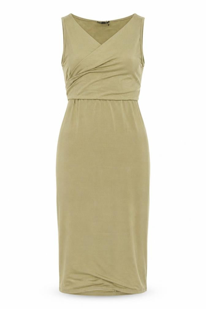 Topshop Petite Women’s Beige Bodycon Midi Dress Size 8 Sleeveless V-Neck