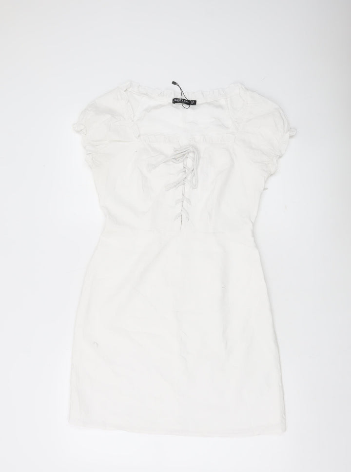 Nasty Gal Women White Size 10 Mini Puff Sleeve Cotton Summer Dress