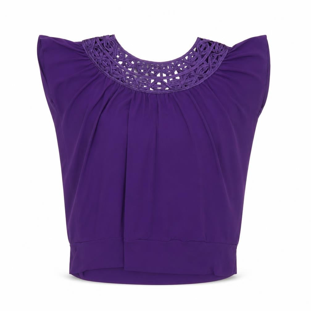 Front view of BHS women’s purple crochet neck tunic blouse, size UK 10
