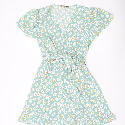 Fluid Women’s Green Floral Short Wrap Dress Size M