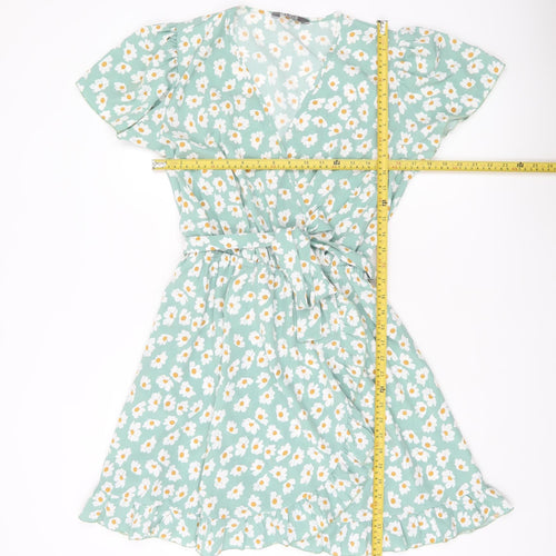 Fluid Women’s Green Floral Short Wrap Dress Size M