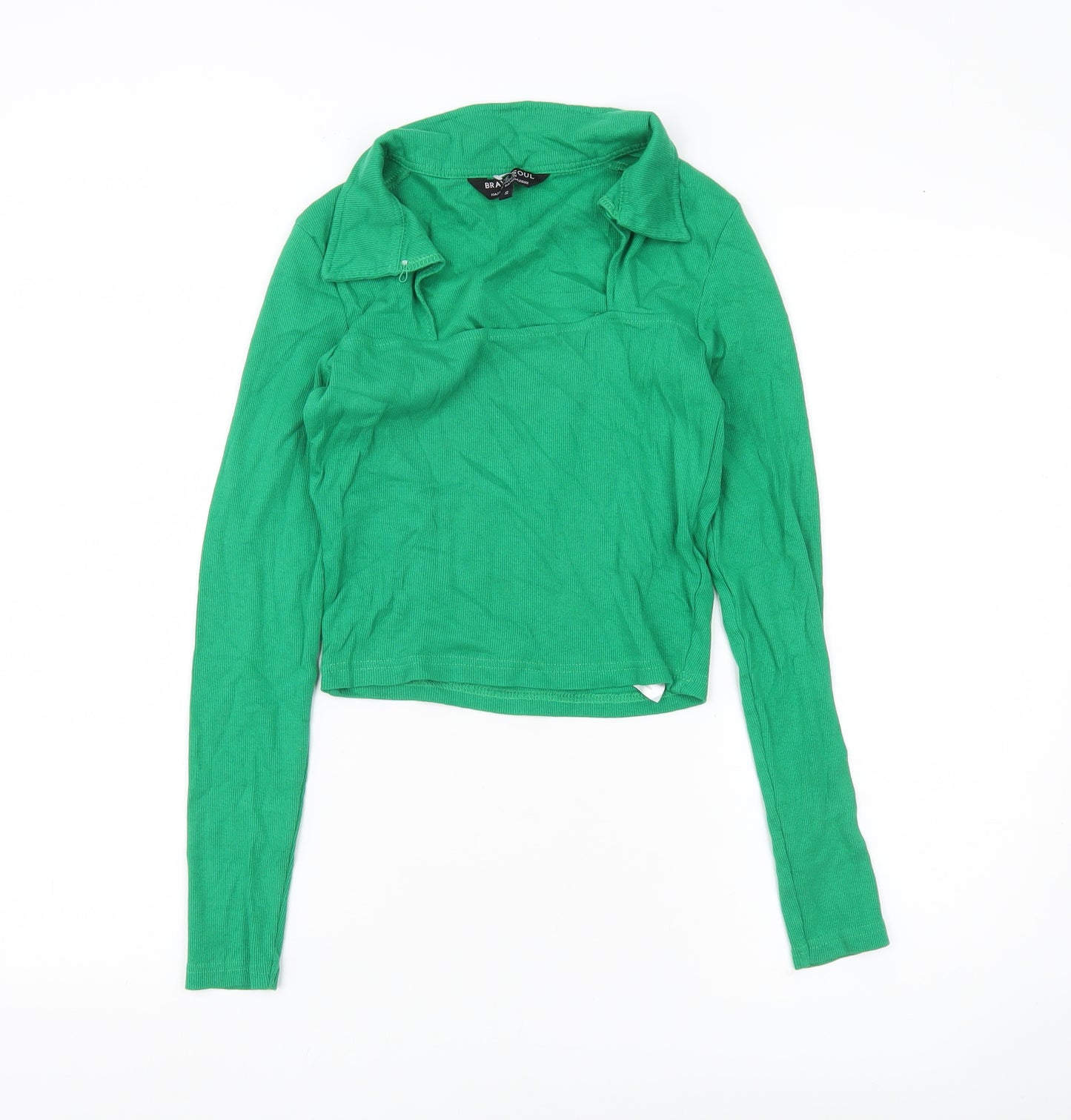Brave Soul Women’s Green Collared Cropped Long Sleeve T-Shirt Size S