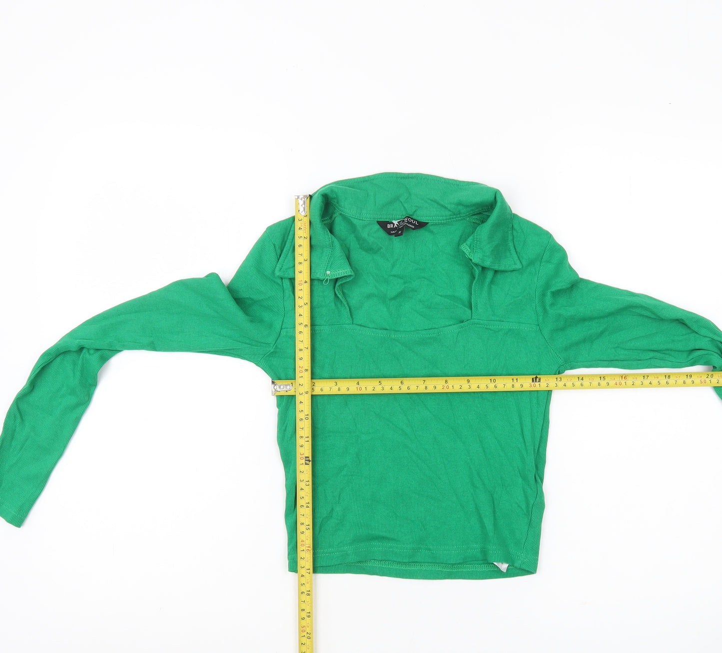 Brave Soul Women’s Green Collared Cropped Long Sleeve T-Shirt Size S