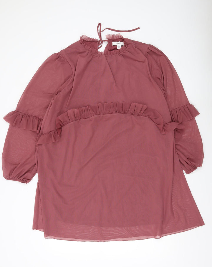 Marks and Spencer Women Pink Size 16 Shift Dress Ruffle Chiffon