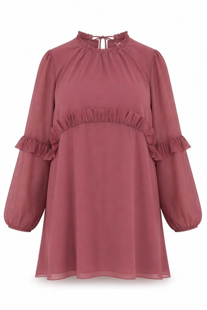 Front view of Marks & Spencer Women Pink, size 16, Shift Dress Ruffle Chiffon