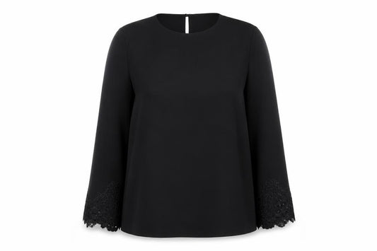 Front view of Warehouse Women’s Black Lace Sleeve Blouse, size UK 6