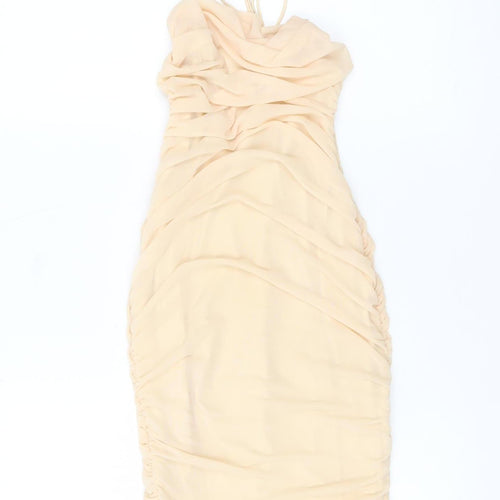 Oh Polly Women’s Beige Size 8 Bodycon Ruched Halter Mini Dress
