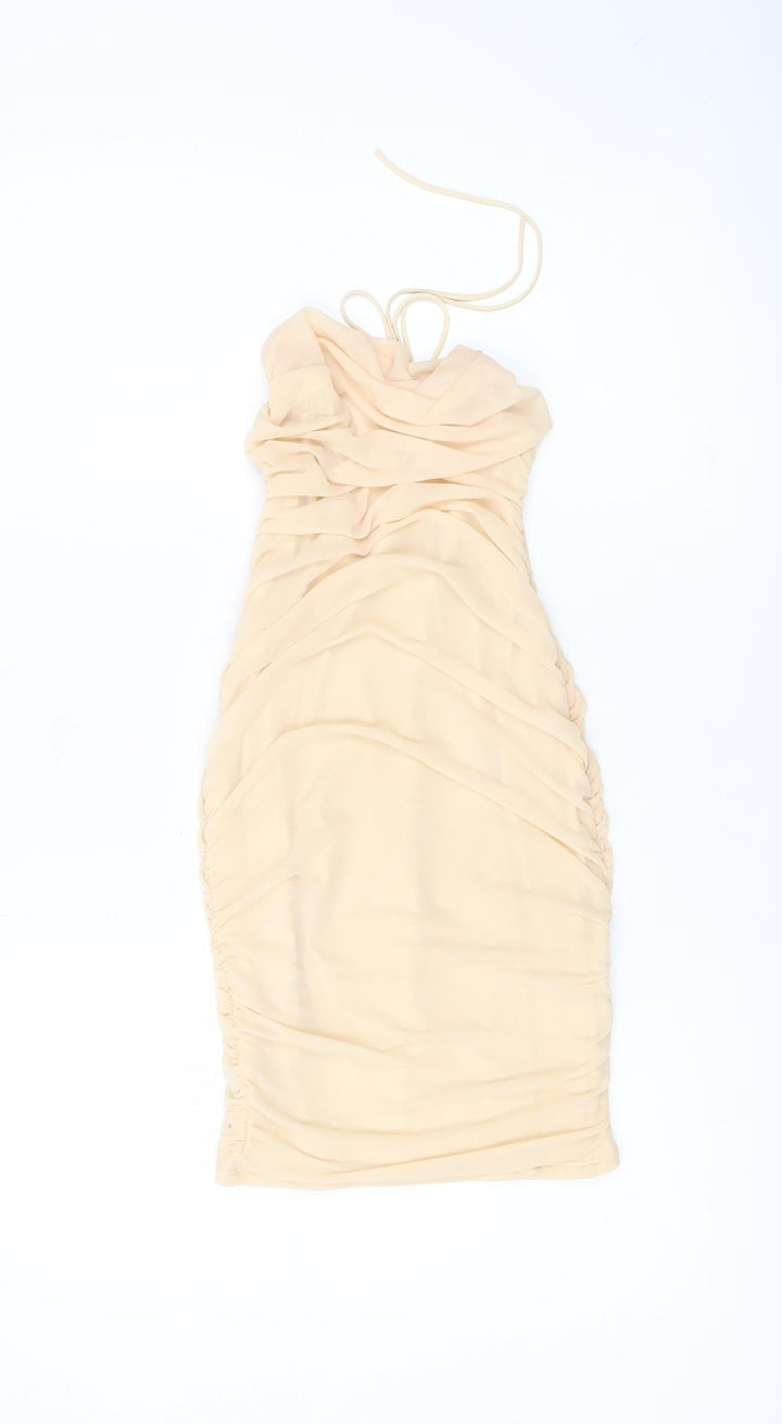 Oh Polly Women’s Beige Size 8 Bodycon Ruched Halter Mini Dress