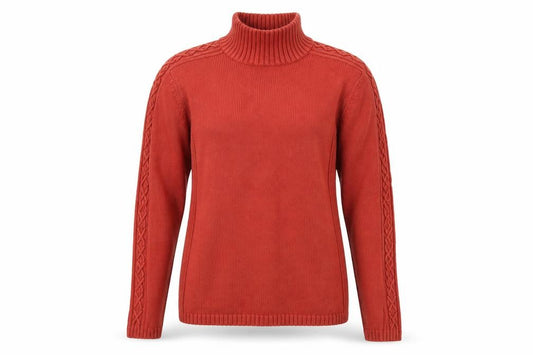 Front view of Principles women’s red mock neck cotton jumper, size UK 14