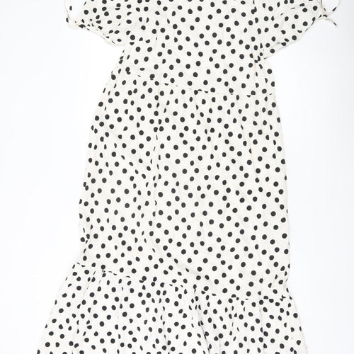New Look Women White Polka Dot Midi Shift Dress UK 8 Puff Sleeve