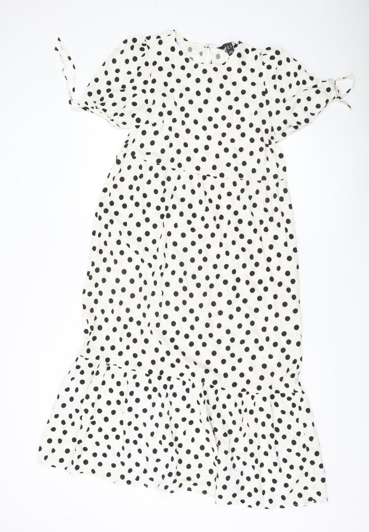 New Look Women White Polka Dot Midi Shift Dress UK 8 Puff Sleeve