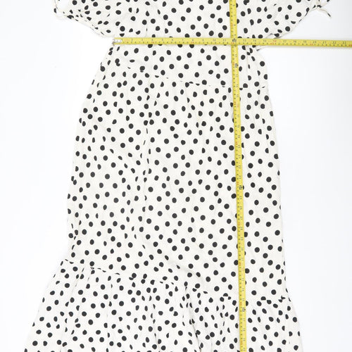 New Look Women White Polka Dot Midi Shift Dress UK 8 Puff Sleeve