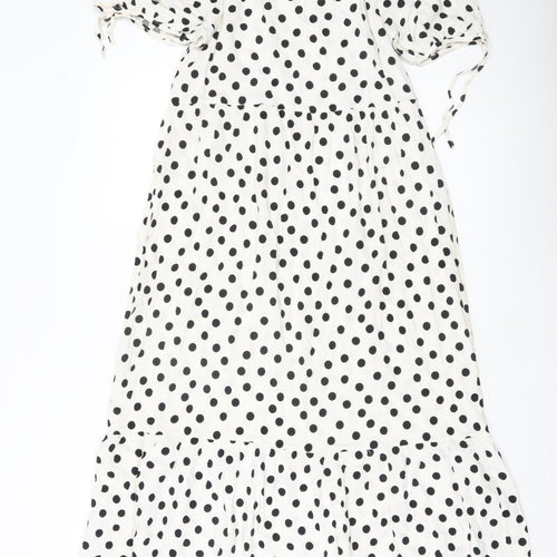 New Look Women White Polka Dot Midi Shift Dress UK 8 Puff Sleeve