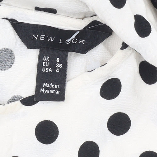 New Look Women White Polka Dot Midi Shift Dress UK 8 Puff Sleeve