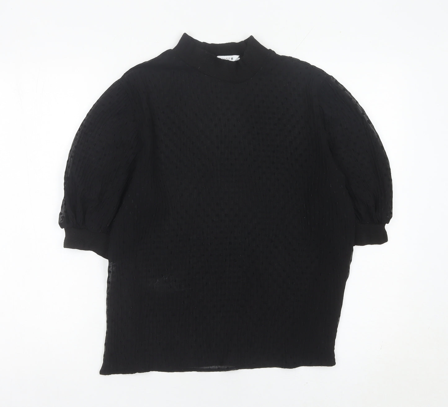 Zara Women Black M Tunic Blouse Mock Neck Puff Sleeve
