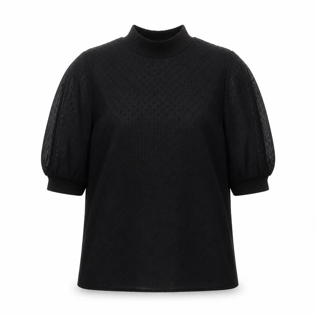 Zara Women Black M Tunic Blouse Mock Neck Puff Sleeve