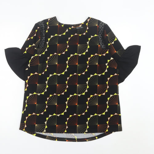 Next Womens Black Geometric Blouse UK 12 Flared Sleeve Tunic Top