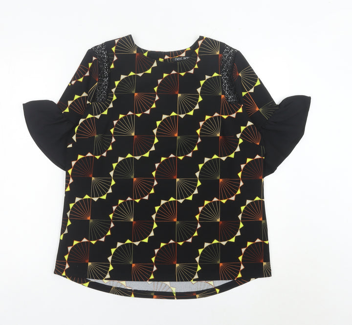 Next Womens Black Geometric Blouse UK 12 Flared Sleeve Tunic Top