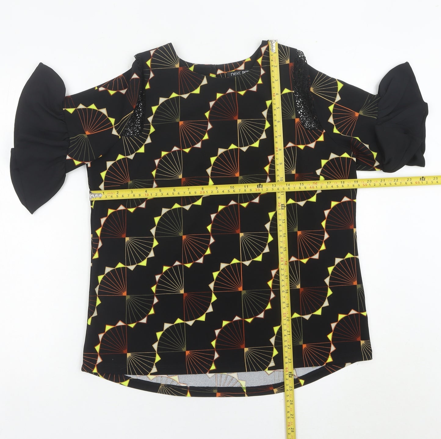 Next Womens Black Geometric Blouse UK 12 Flared Sleeve Tunic Top