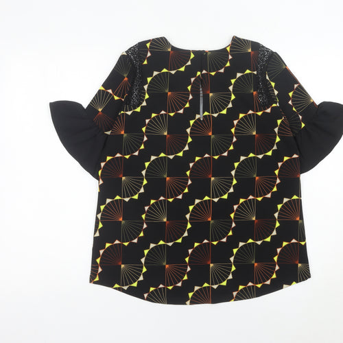 Next Womens Black Geometric Blouse UK 12 Flared Sleeve Tunic Top