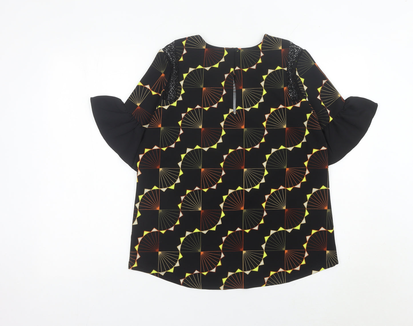 Next Womens Black Geometric Blouse UK 12 Flared Sleeve Tunic Top