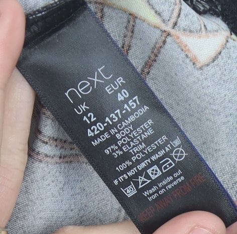 Next Womens Black Geometric Blouse UK 12 Flared Sleeve Tunic Top