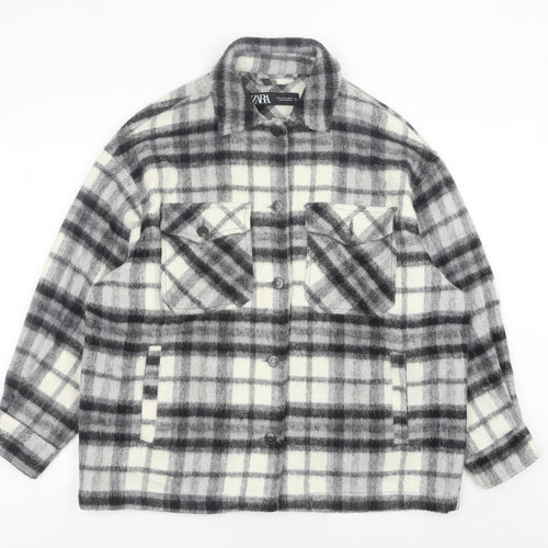 Zara Women Grey Plaid Wool Blend Shirt Jacket Size 12