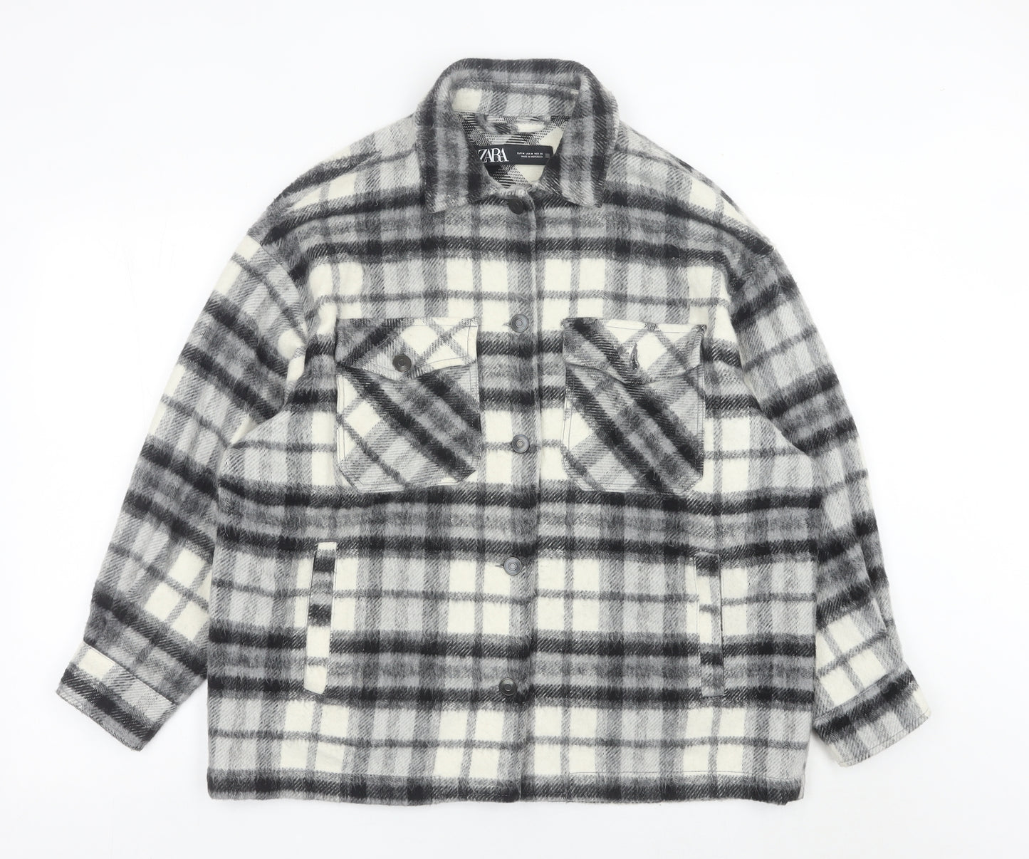Zara Women Grey Plaid Wool Blend Shirt Jacket Size 12