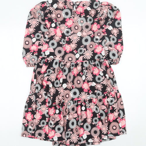 Next Girls Black Pink Floral Skater Dress 12 Years Puff Sleeve Knee Length