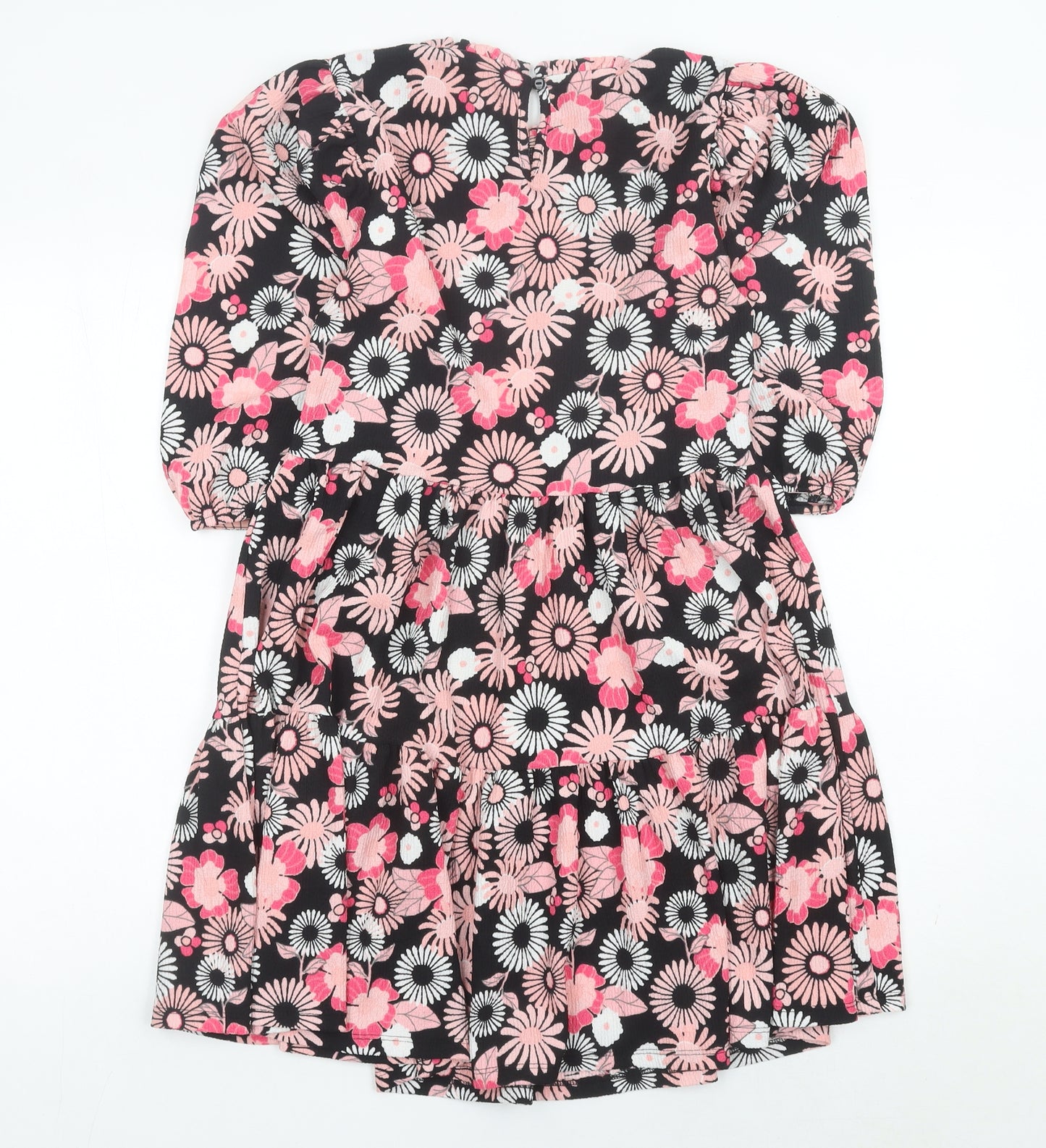 Next Girls Black Pink Floral Skater Dress 12 Years Puff Sleeve Knee Length