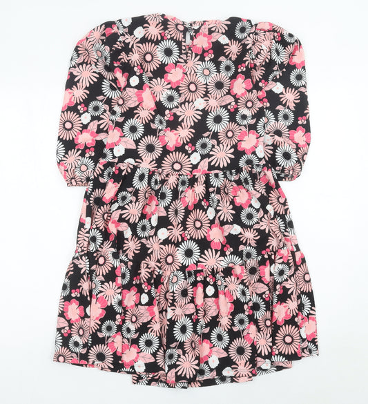 Next Girls Black Pink Floral Skater Dress 12 Years Puff Sleeve Knee Length