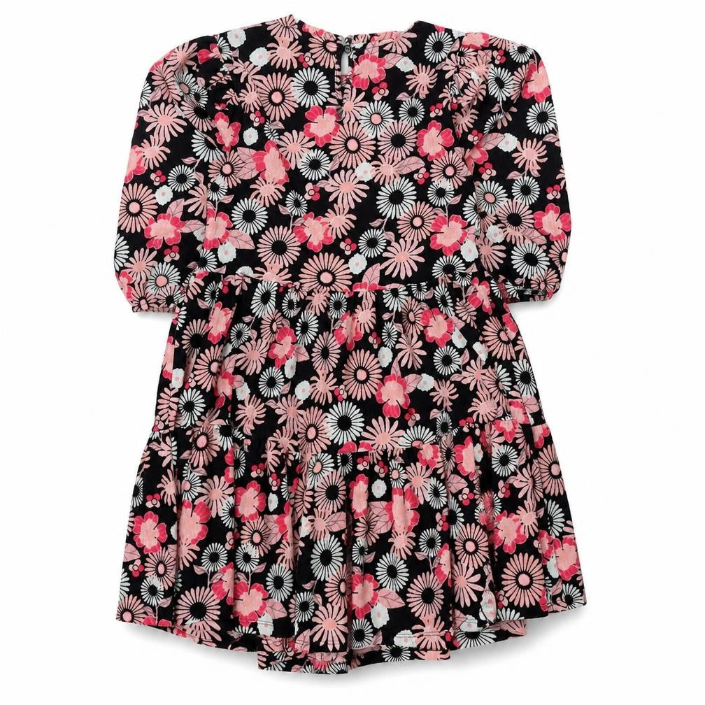 Next Girls Black Pink Floral Skater Dress 12 Years Puff Sleeve Knee Length