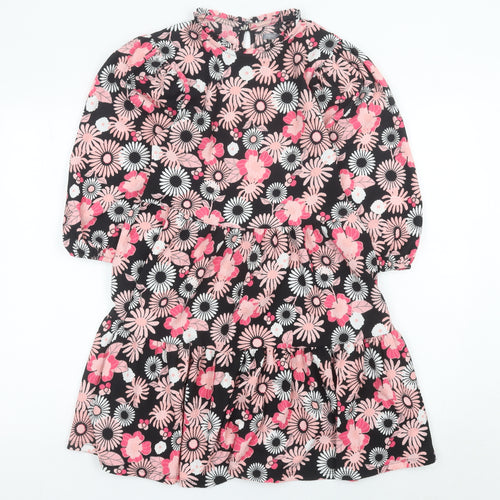 Next Girls Black Pink Floral Skater Dress 12 Years Puff Sleeve Knee Length