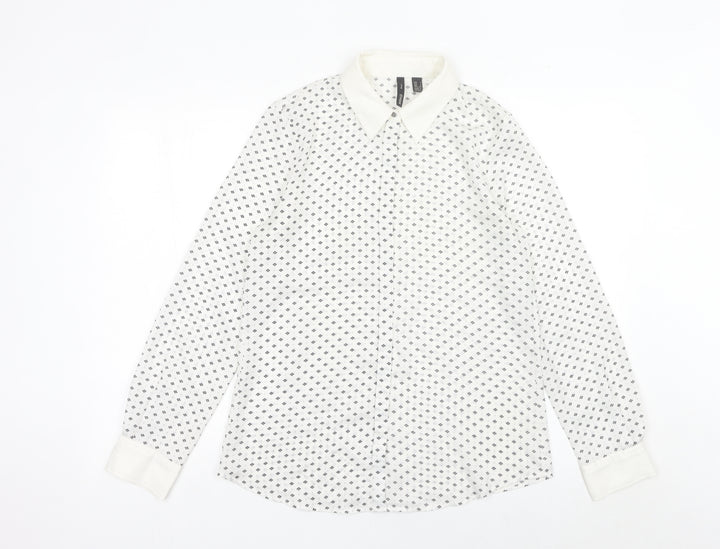 MNG Women’s White Geometric Button-Up Shirt Size 8 Long Sleeve