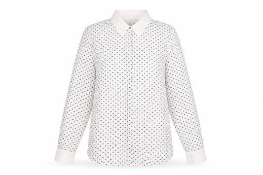 Front view of Mango Women’s White Geometric Button-Up Shirt, size UK 8, Long Sleeve