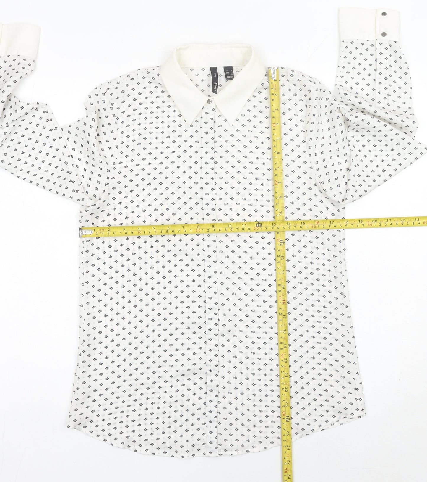 MNG Women’s White Geometric Button-Up Shirt Size 8 Long Sleeve