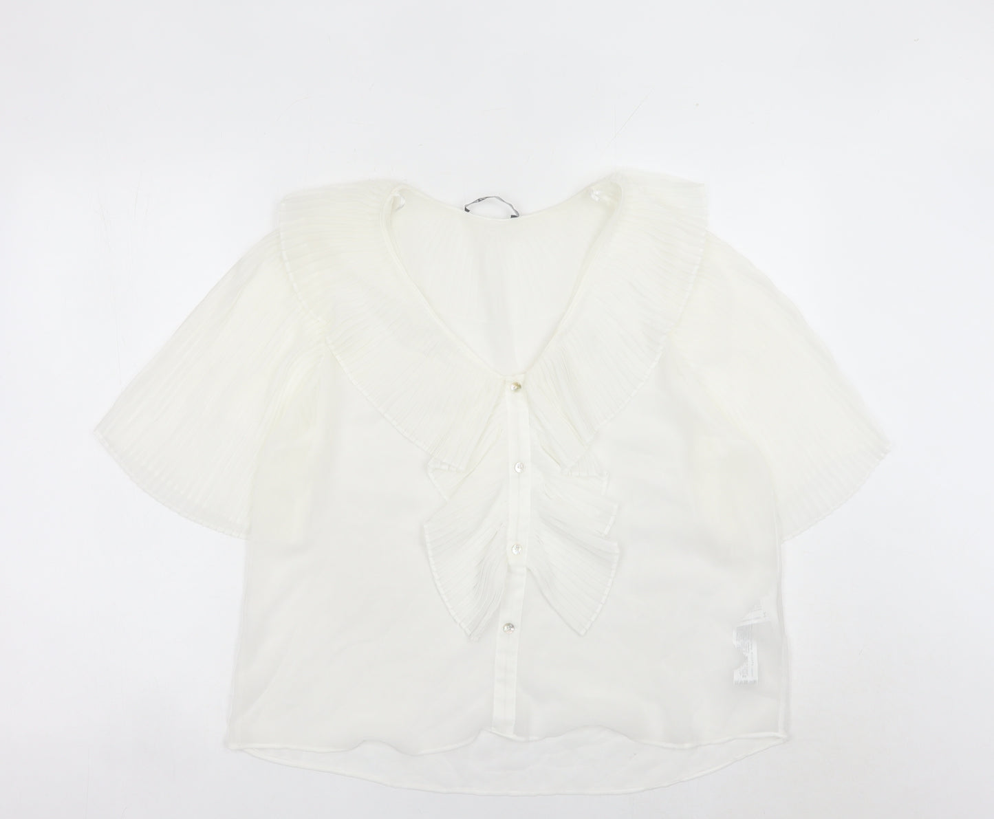 Zara Womens White Ruffle Blouse Size M Short Sleeve Tunic Style