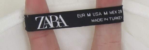 Zara Womens White Ruffle Blouse Size M Short Sleeve Tunic Style