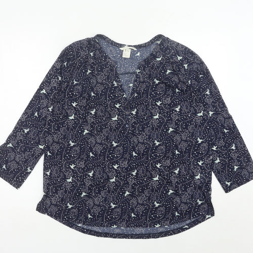 H&M Womens Blue Bird Print Tunic Blouse Size 12 V-Neck 3/4 Sleeve