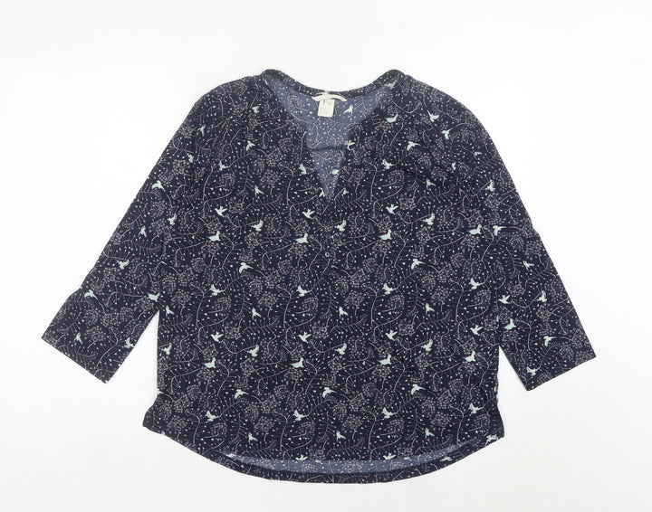 H&M Womens Blue Bird Print Tunic Blouse Size 12 V-Neck 3/4 Sleeve