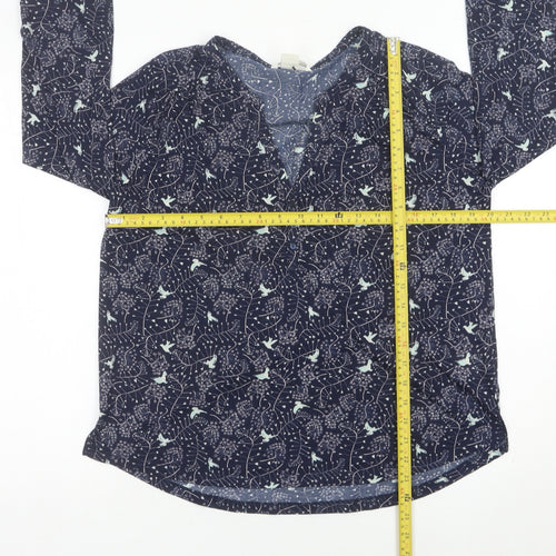 H&M Womens Blue Bird Print Tunic Blouse Size 12 V-Neck 3/4 Sleeve