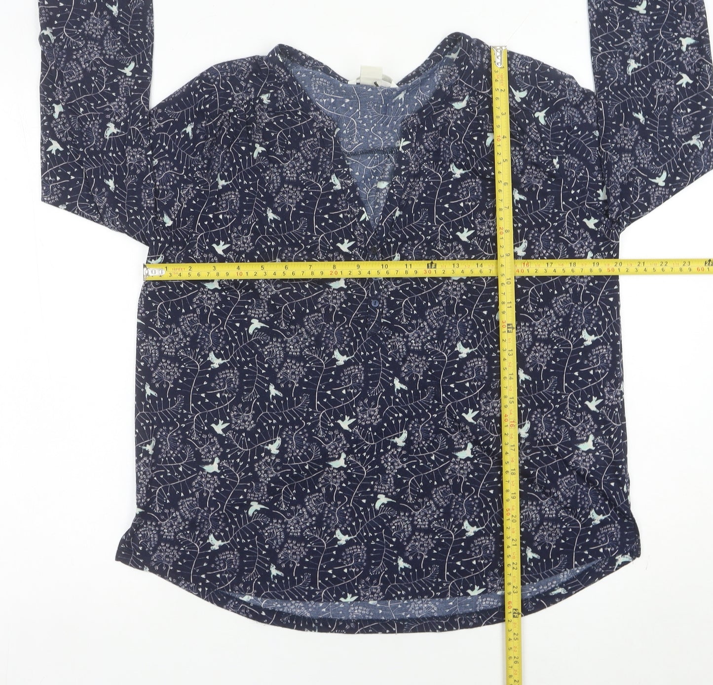 H&M Womens Blue Bird Print Tunic Blouse Size 12 V-Neck 3/4 Sleeve